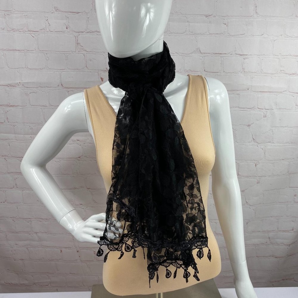NWT Rikka Black Lace Long Scarf with Lace Fringe